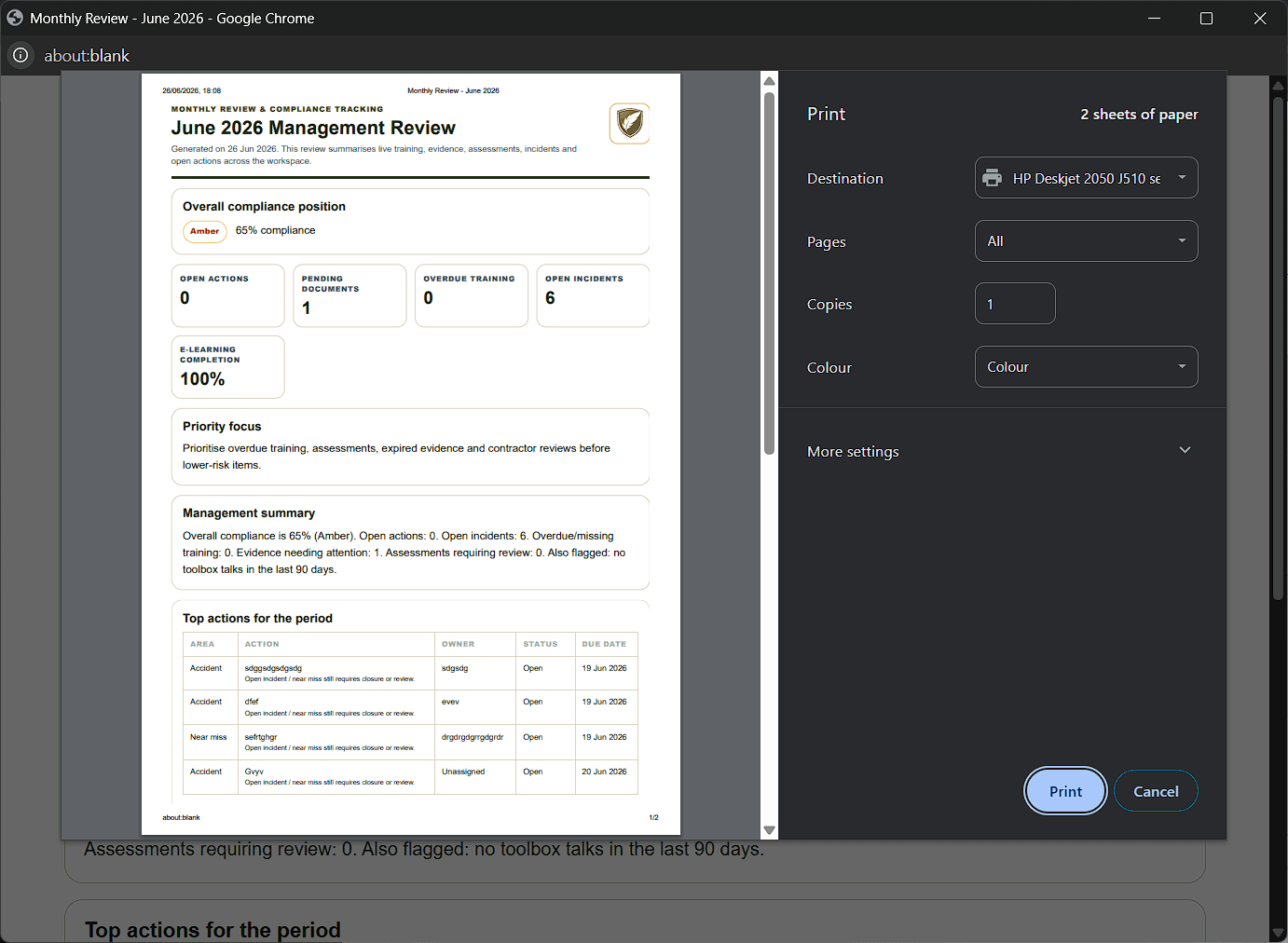 Printable monthly management review from Featherstone Safety Hub