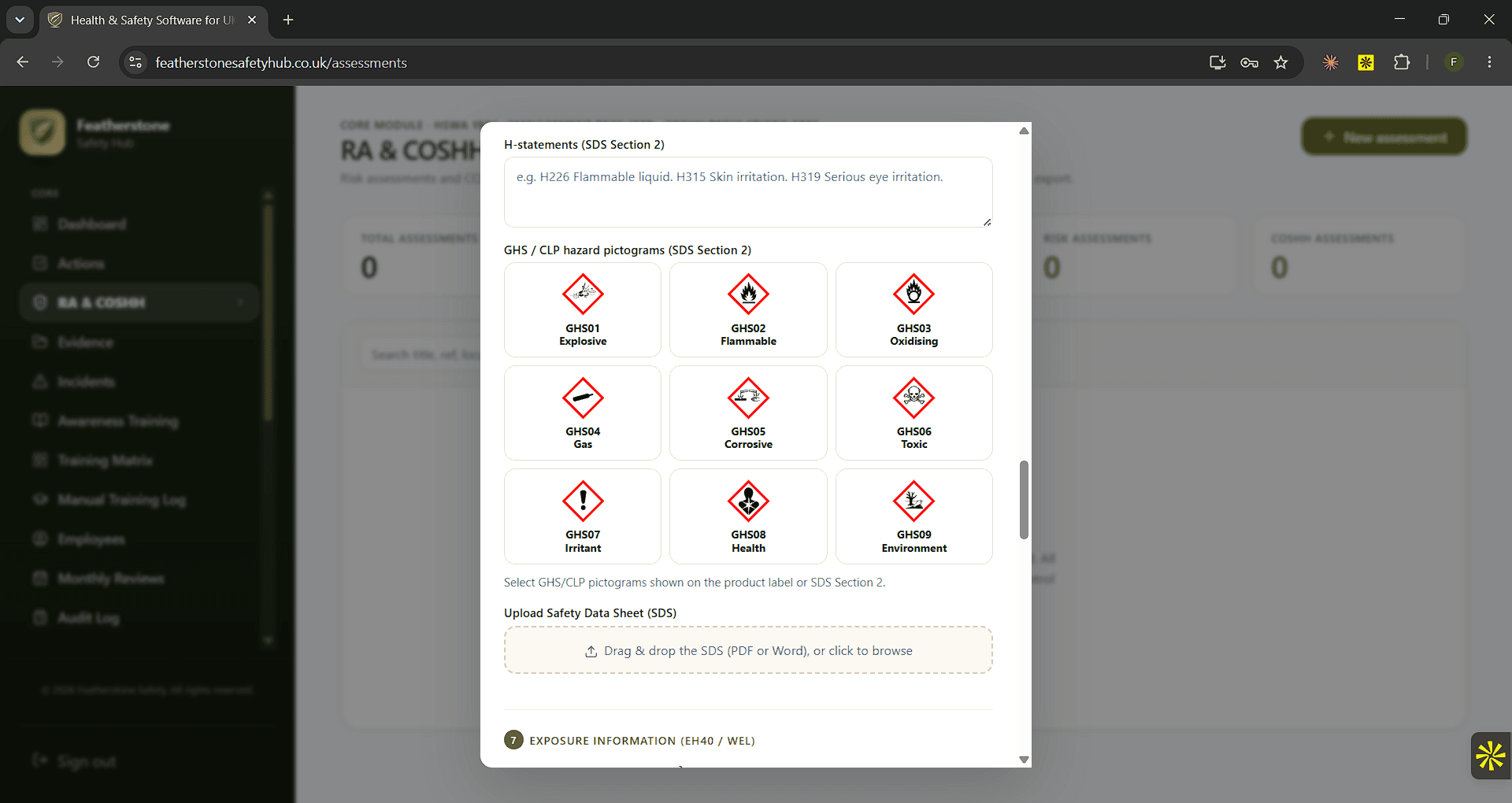COSHH assessment in Featherstone Safety Hub showing GHS/CLP hazard pictograms and SDS upload