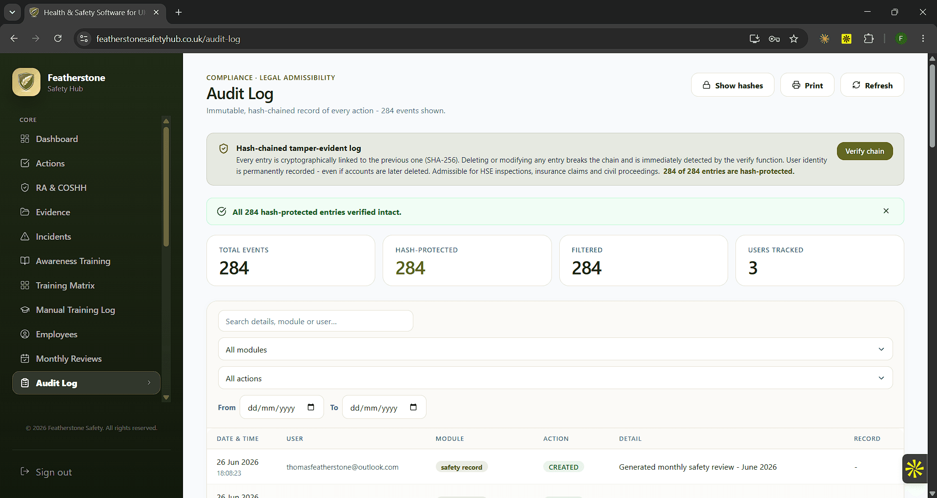 Featherstone Safety Hub dashboard showing the client safety summary