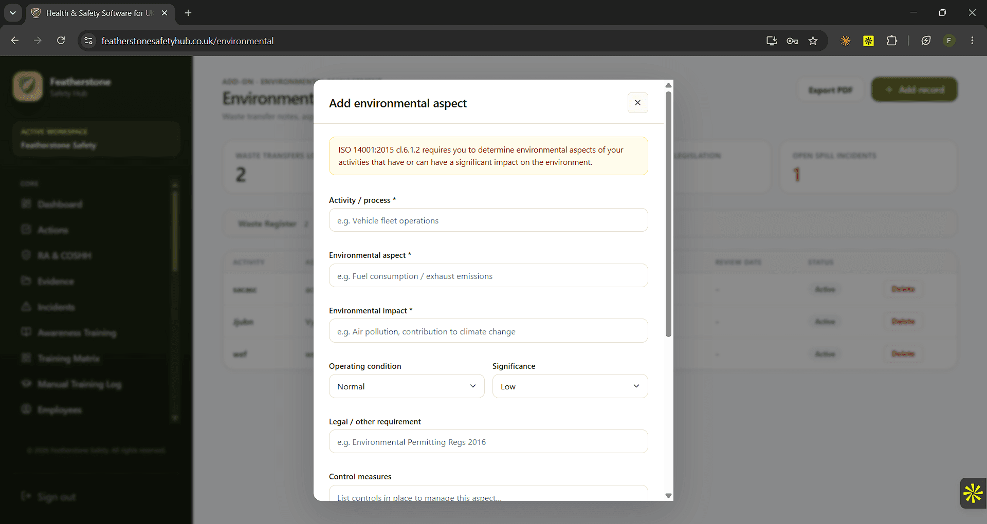 Add environmental aspect form mapped to ISO 14001