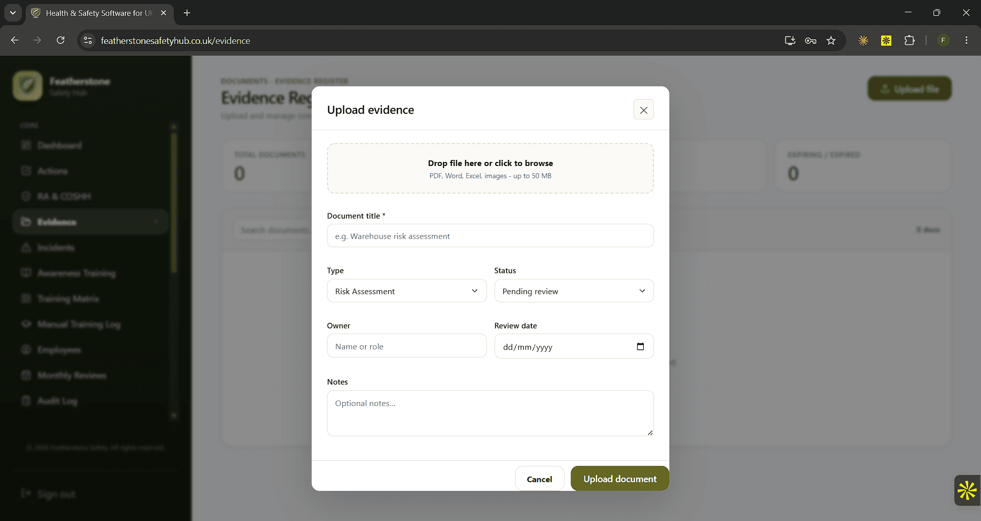 Upload evidence dialog in Featherstone Safety Hub
