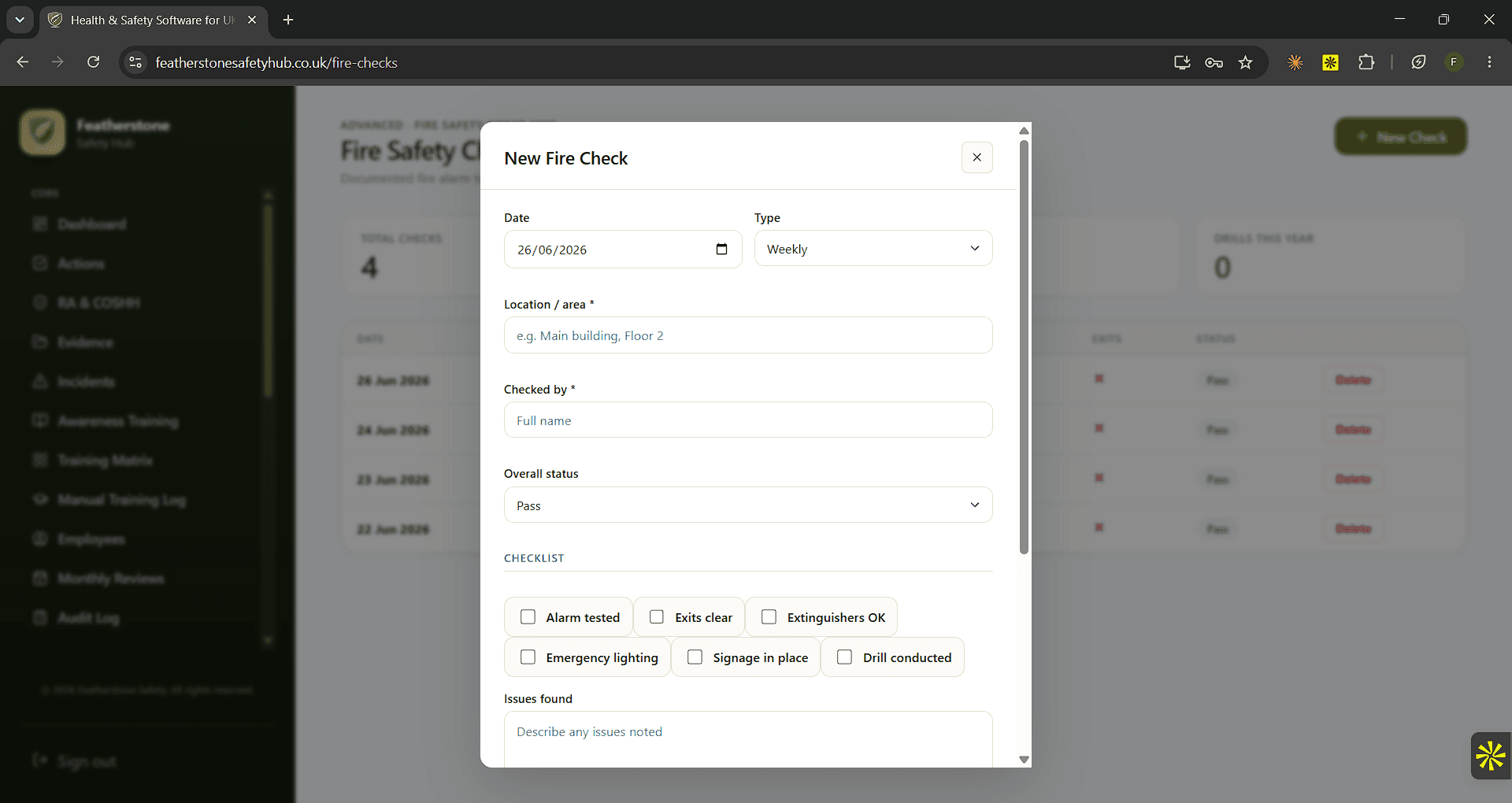 Fire check form in Featherstone Safety Hub with the fire safety checklist
