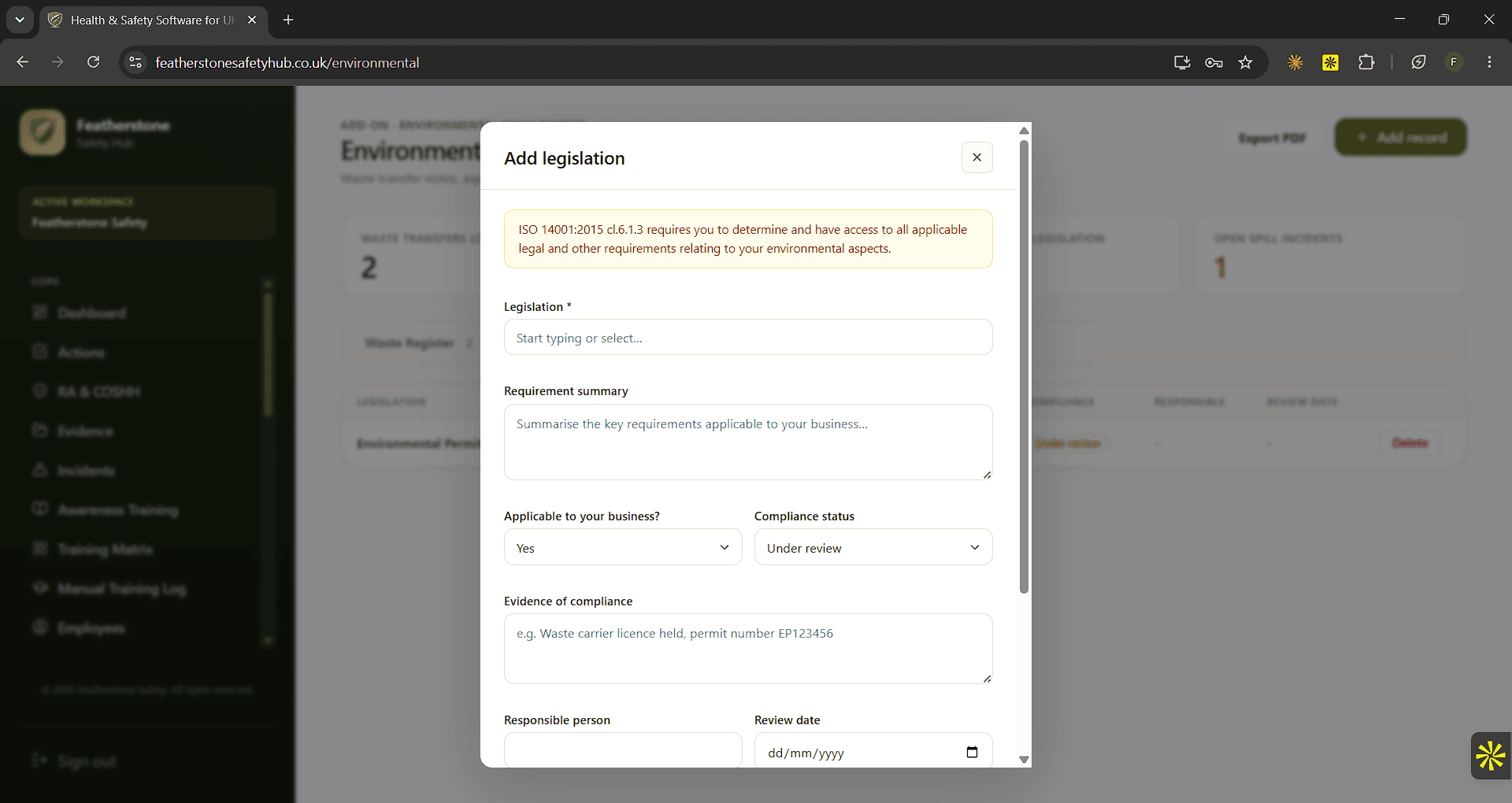 Environmental legal register entry in Featherstone Safety Hub