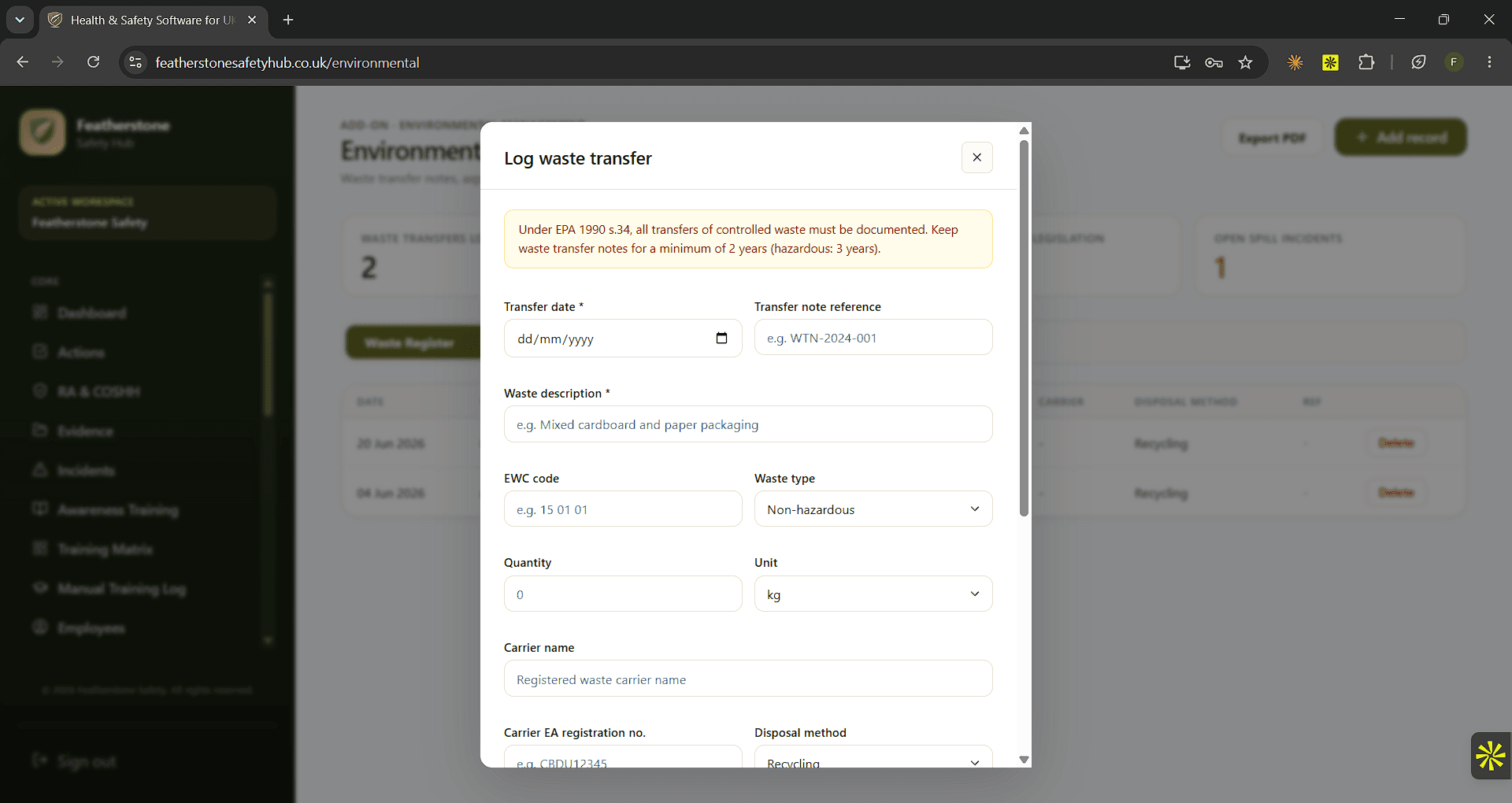 Log waste transfer form in Featherstone Safety Hub with EPA 1990 duty-of-care guidance