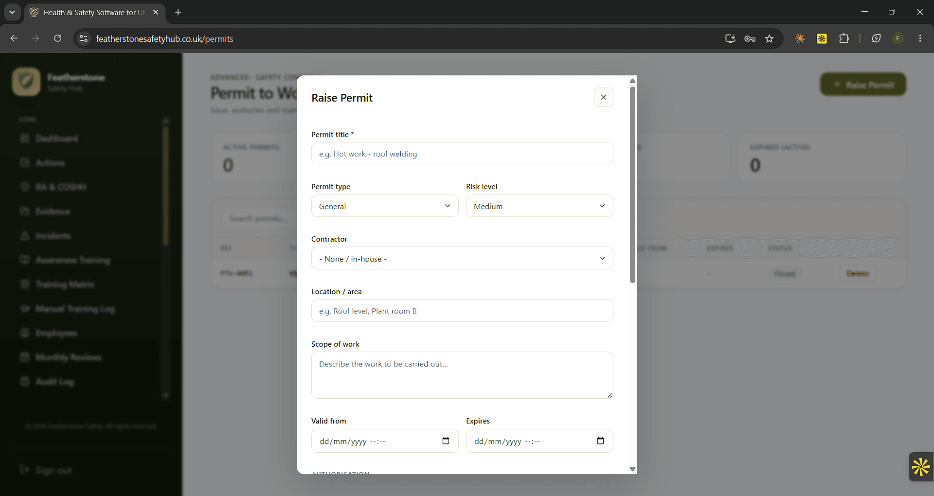 Raise permit form in Featherstone Safety Hub showing permit type, risk level and scope