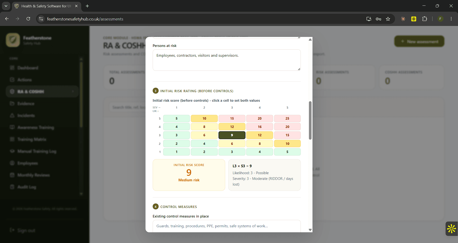 Built-in 5x5 risk matrix in Featherstone Safety Hub scoring likelihood and severity