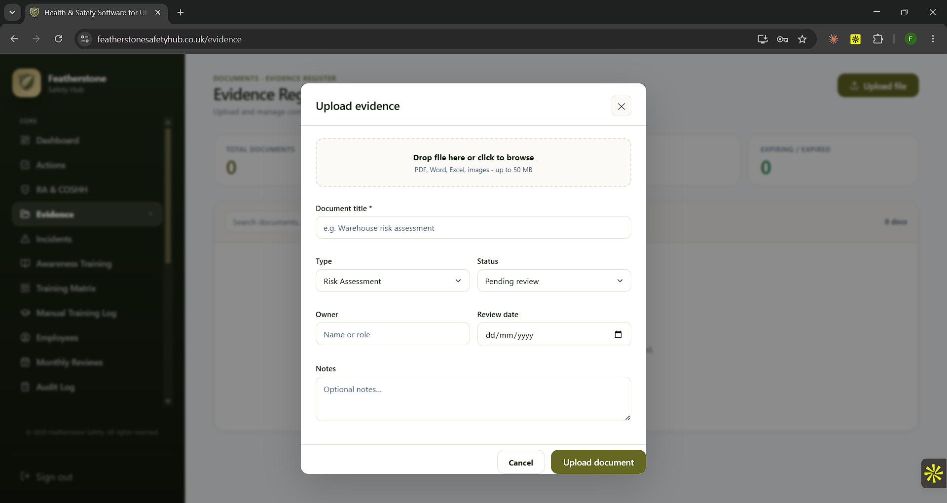 Upload evidence dialog in Featherstone Safety Hub