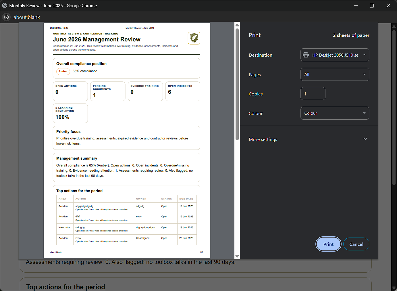 Printable monthly management review from Featherstone Safety Hub