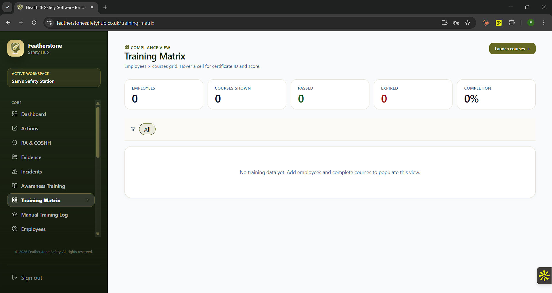 Training Matrix compliance view in Featherstone Safety Hub